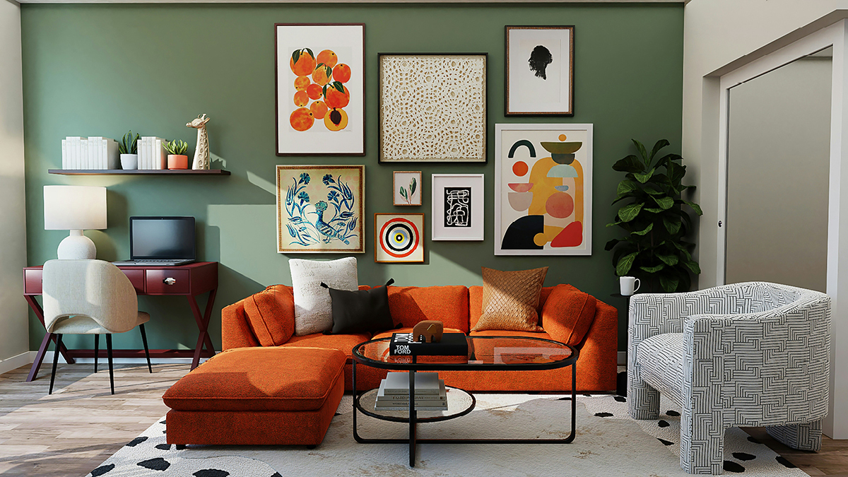 Wandgestaltung im Wohnzimmer mit Bilder, Farben und Textilien