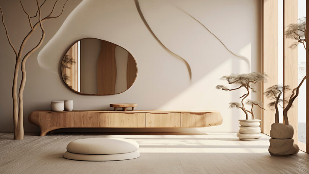 Japandi Stil mit fließenden Formen und Holzelementen